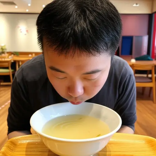 他吹汤以使其冷却。