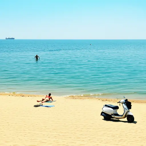 我在海里游泳，在金色沙滩上晒太阳，还骑了滑板车。