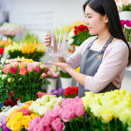 她买了一个玻璃花瓶来放花。