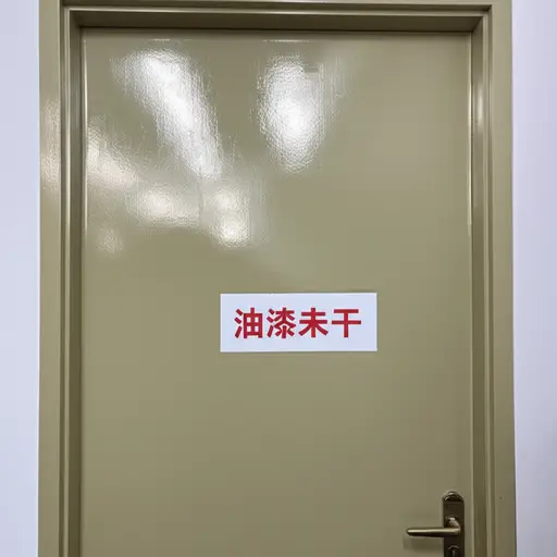 我在门附近看到一个写着'油漆未干'的牌子。