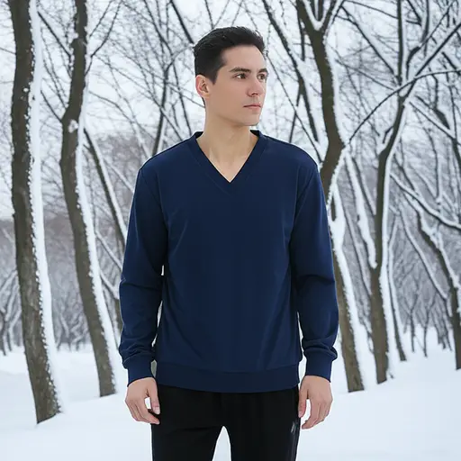 天气冷时，我穿一件V领长袖运动衫。