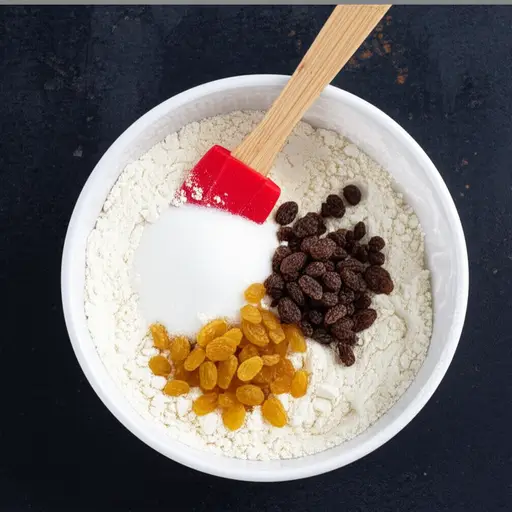 在一个大碗里，把面粉、糖和葡萄干混合在一起。