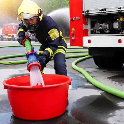 消防员迅速把桶装满了水。