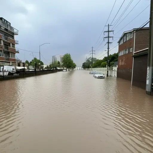 暴风雨后，突如其来的洪水淹没了街道。