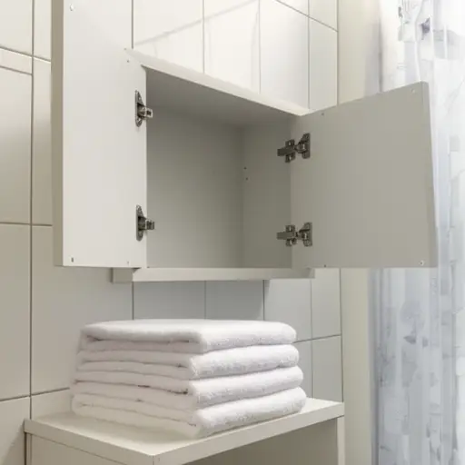 请把毛巾放进浴室的小柜子里。