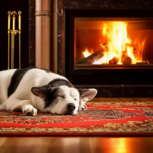 我的狗喜欢躺在炉火前的地毯上。