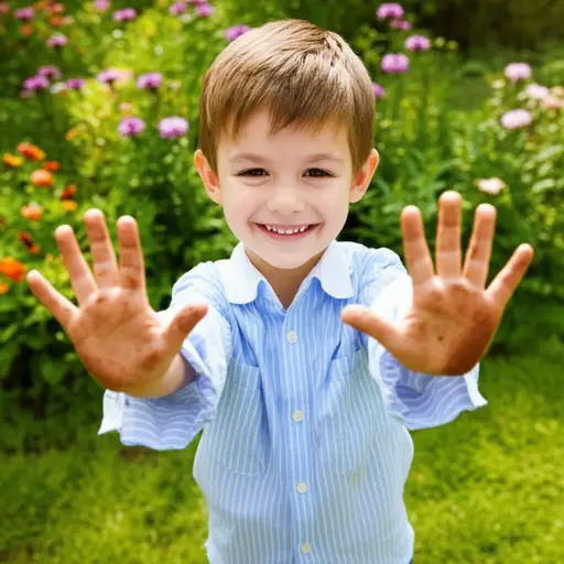 在花园里玩耍后，他的手上沾满了泥土。