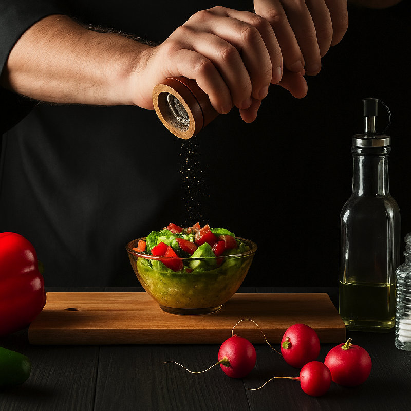 他在菜里加了一些胡椒。