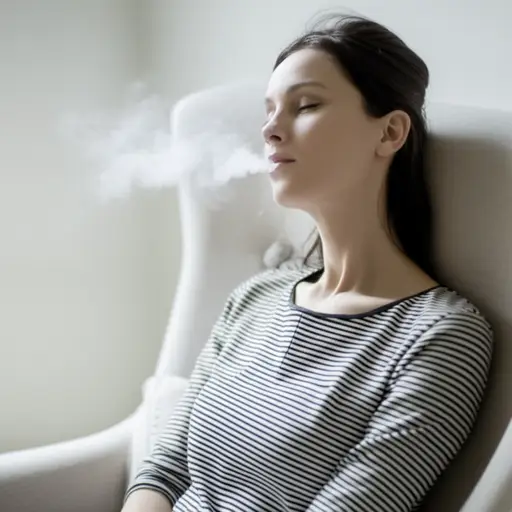 她若有所思地往后靠，向空中吹了一口烟。