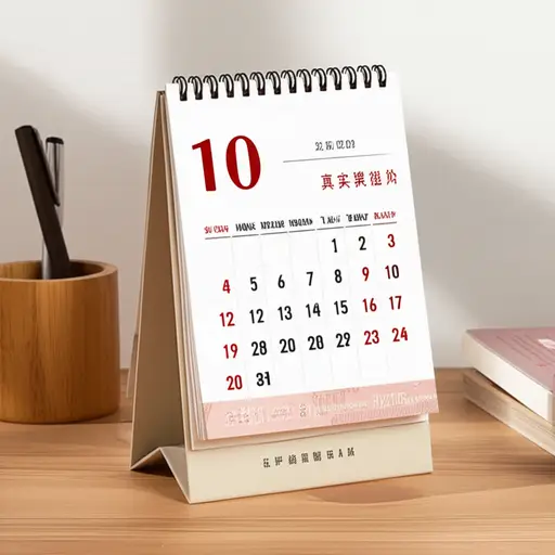 我买了一个新日历放在书桌上。