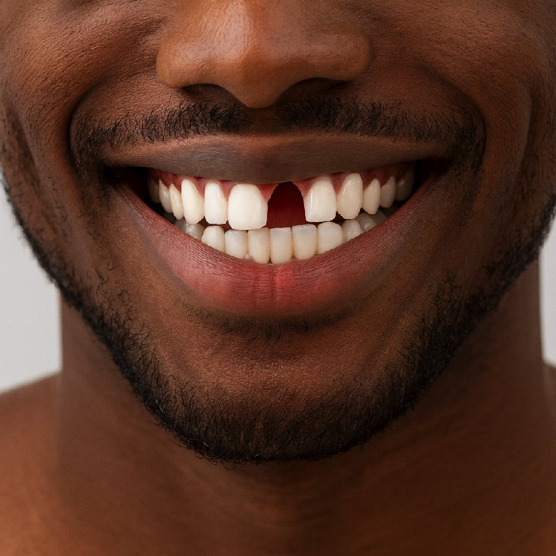 他有一颗门牙掉了。