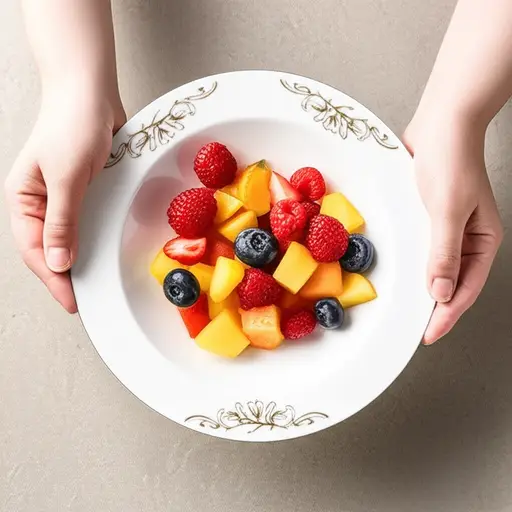 她把水果沙拉放在一个漂亮的瓷盘上。