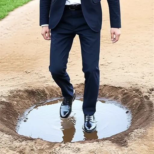 他跨过水坑，保持鞋子干燥。