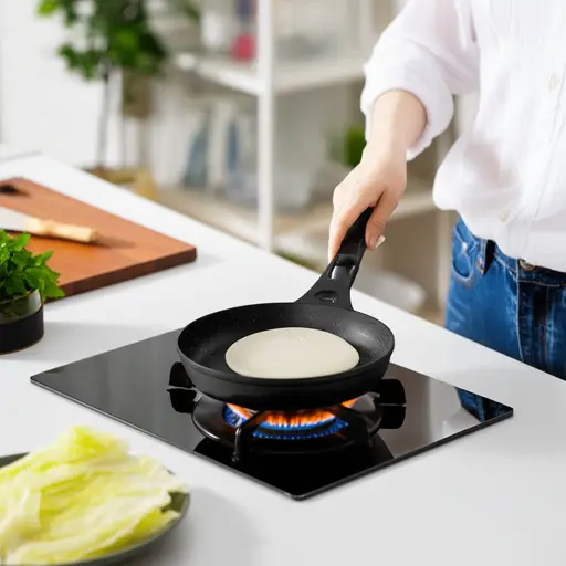 她用一个大平底锅做了薄煎饼。