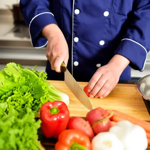 厨师用一把锋利的刀切蔬菜。