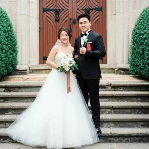 新娘和新郎在教堂外摆姿势拍照。