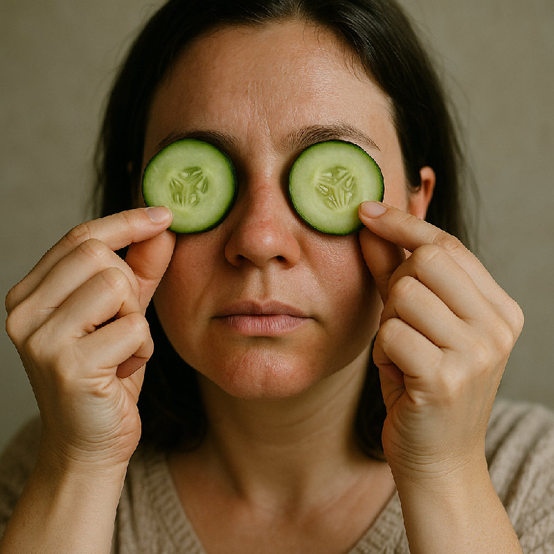 她把黄瓜片敷在浮肿的眼睛上。