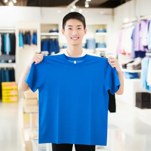 他买了一件蓝色T恤。