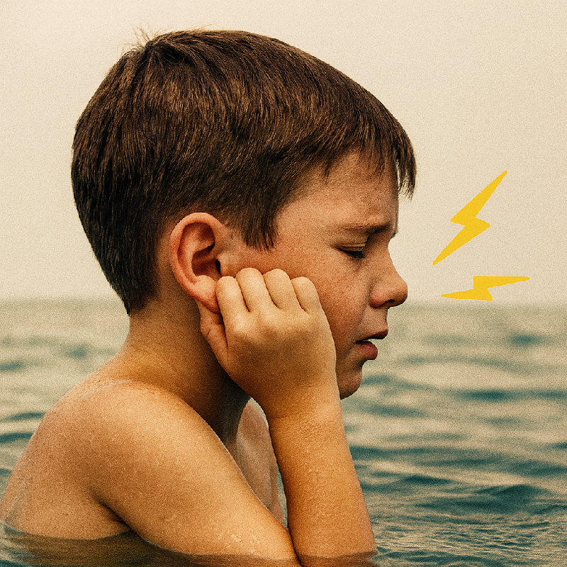 他游泳的时候耳道进水了。