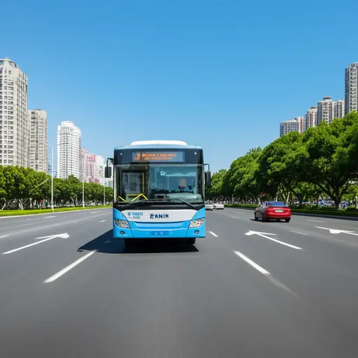 公共汽车沿着主路行驶。