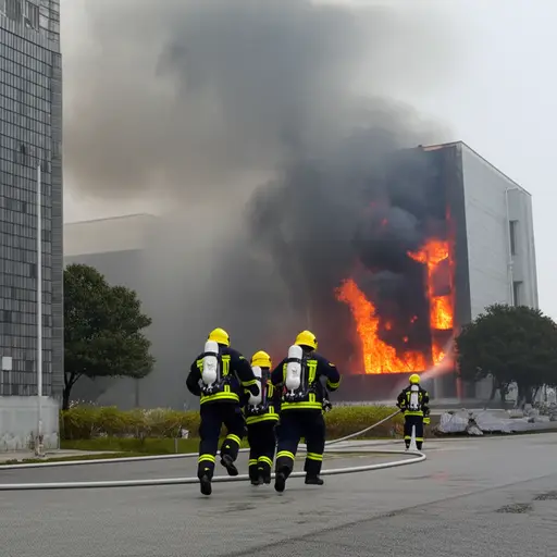 消防员冲向燃烧的建筑。