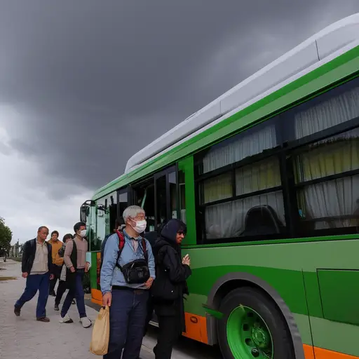 就在开始下雨前，我们都上了公共汽车。