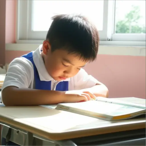 那个小学生正在学习阅读。