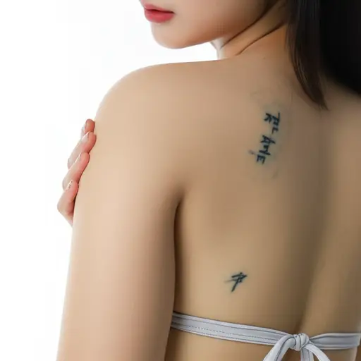 她身体躯干上有个纹身，但手臂上没有。