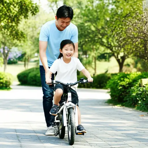 我爸爸教我骑自行车。