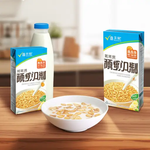 早餐时，我用碗盛牛奶和麦片。