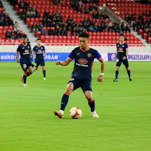 这位足球选手在比赛中表现出色。