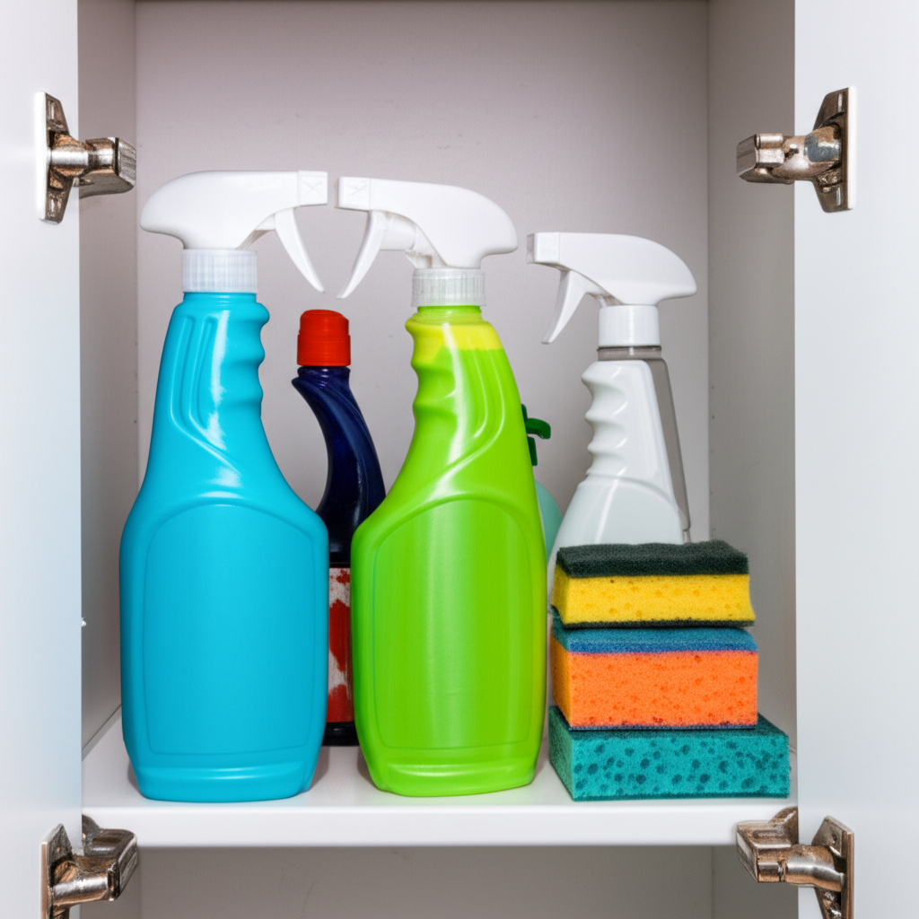 我把清洁用品放进了柜子里。