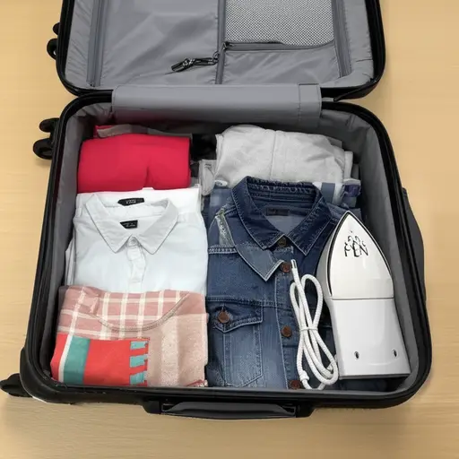 我旅行时，总会为我的衣服带一个小型旅行熨斗。