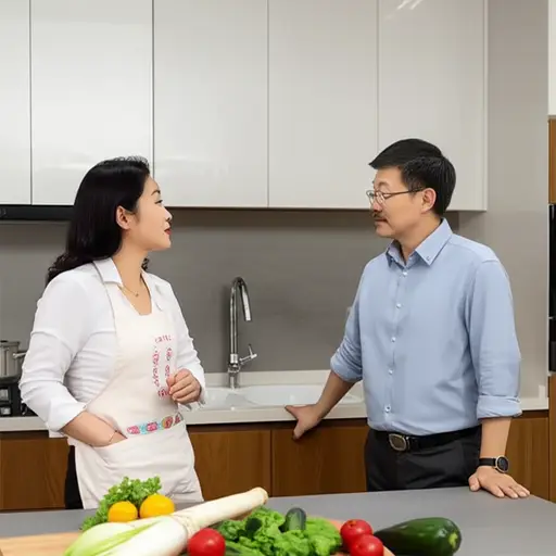 我妈妈和爸爸正在厨房里聊天。