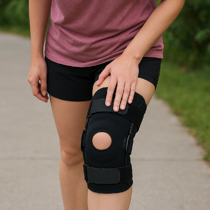 她戴护膝来支撑受伤的膝盖。