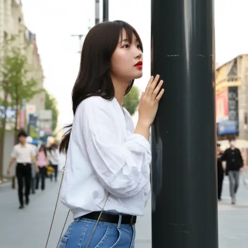 那个漂亮的女孩在街角等她的朋友。