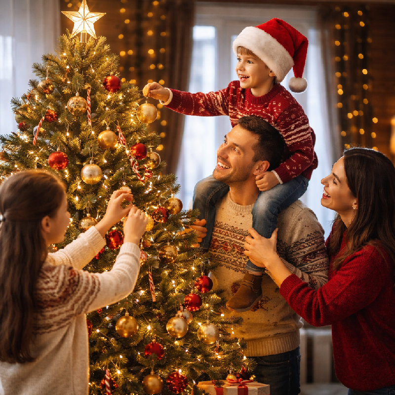 圣诞夜我们全家一起装饰圣诞树。