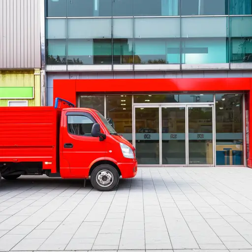 一辆红色的卡车停在了商店外面。