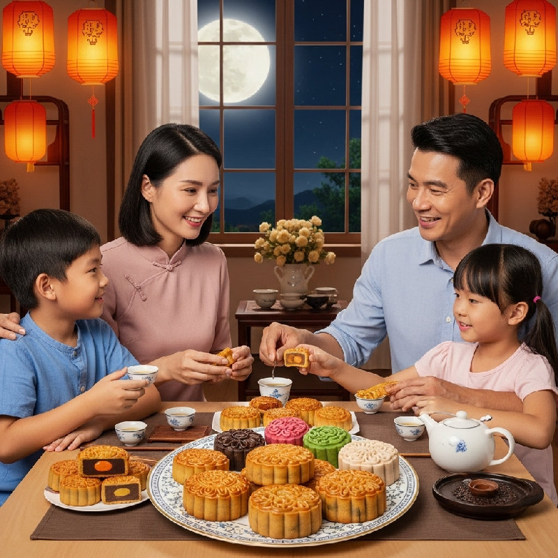 我们一家人聚在一起吃月饼来庆祝中秋节。