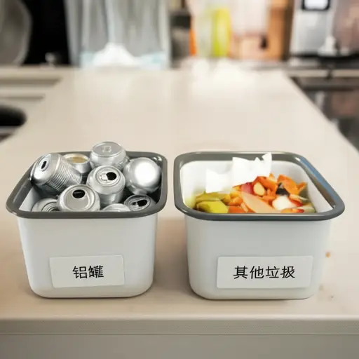 我们将铝罐与其他垃圾分开以便回收。