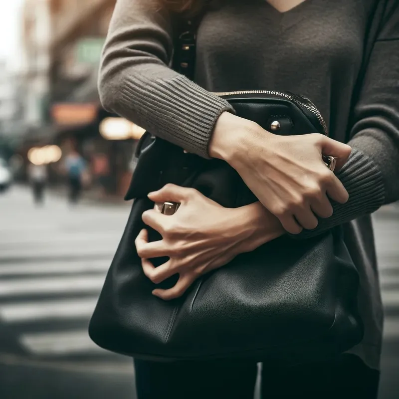 她紧紧地抓着包，生怕被抢。