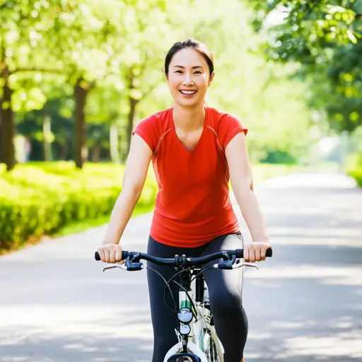 她每天早上骑自行车去公园锻炼。