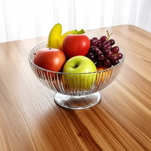 桌子中央放着一盘水果。