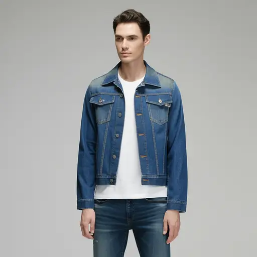 他穿了一件牛仔夹克配牛仔裤。