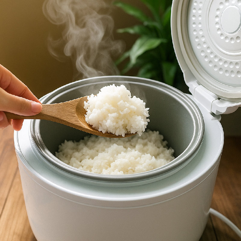 她用电饭煲煮饭。