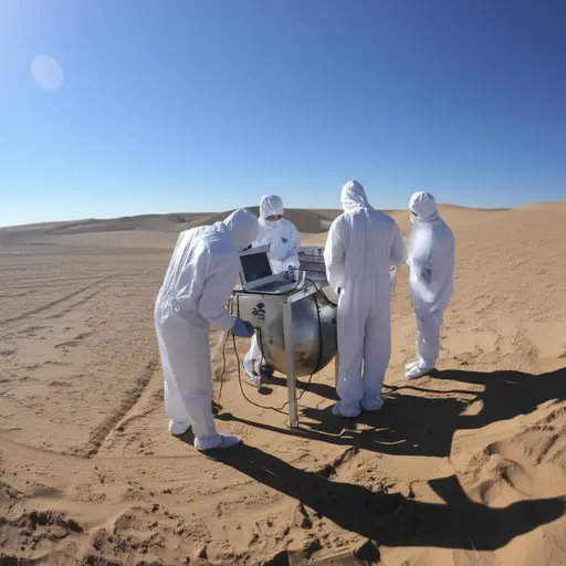 科学家们正在研究在沙漠中发现的这个不明物体。