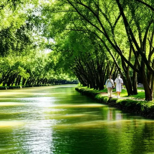 我们沿着河边散步。