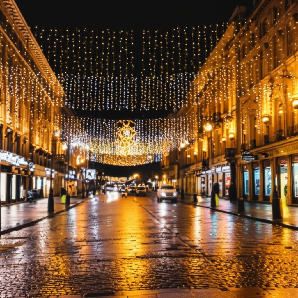 街道上挂满了节日彩灯。