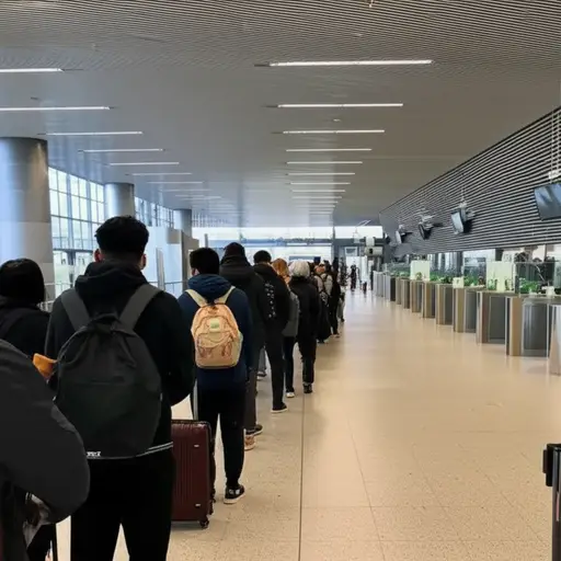 我们在护照检查处排队。