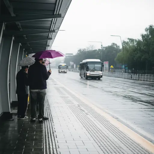 我们厌倦了在雨中等公交车。